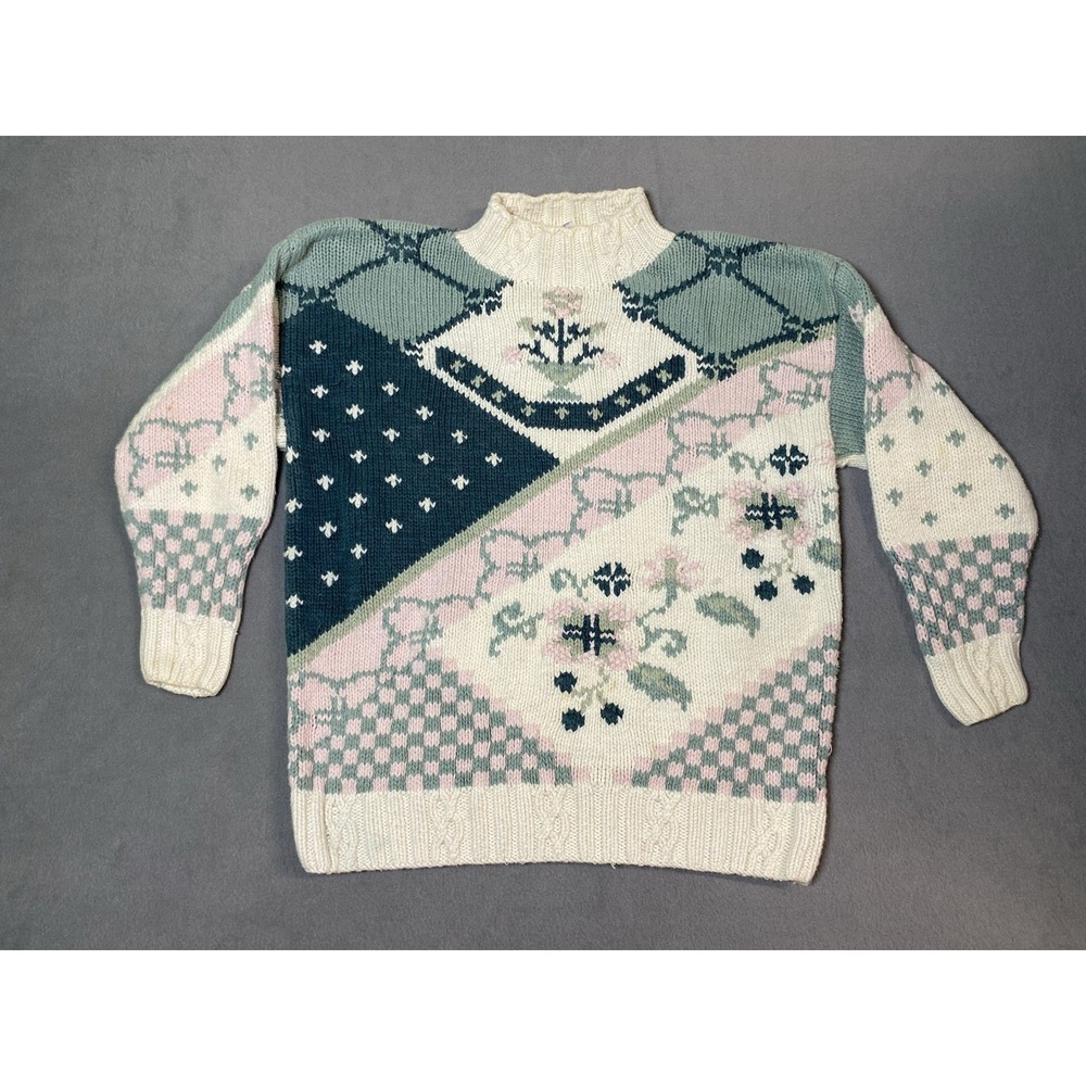 Vintage Women's Floral Knit Cotton Sweater Cottage Core Chunky Boxy Fit *Flaws*